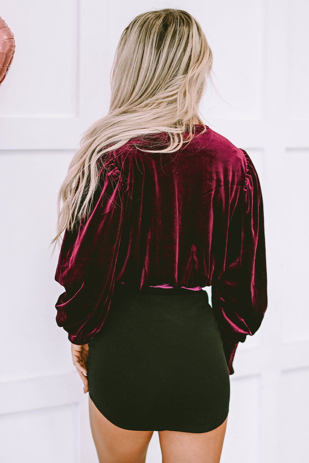 Burgundy Surplice V Neck Bubble Sleeve Velvet Bodysuit