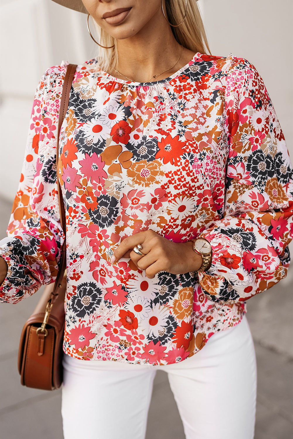 Fiery Red Floral Crewneck Long Sleeve Blouse