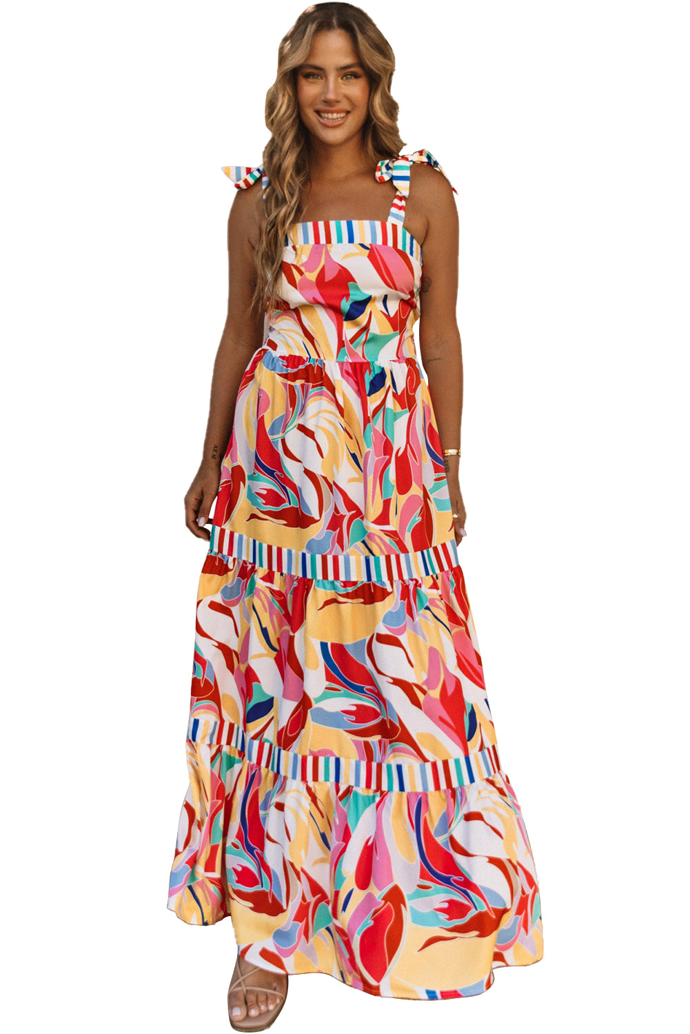Mehrfarbiges Maxi-Sommerkleid mit abstraktem Print und gestreiftem Besatz