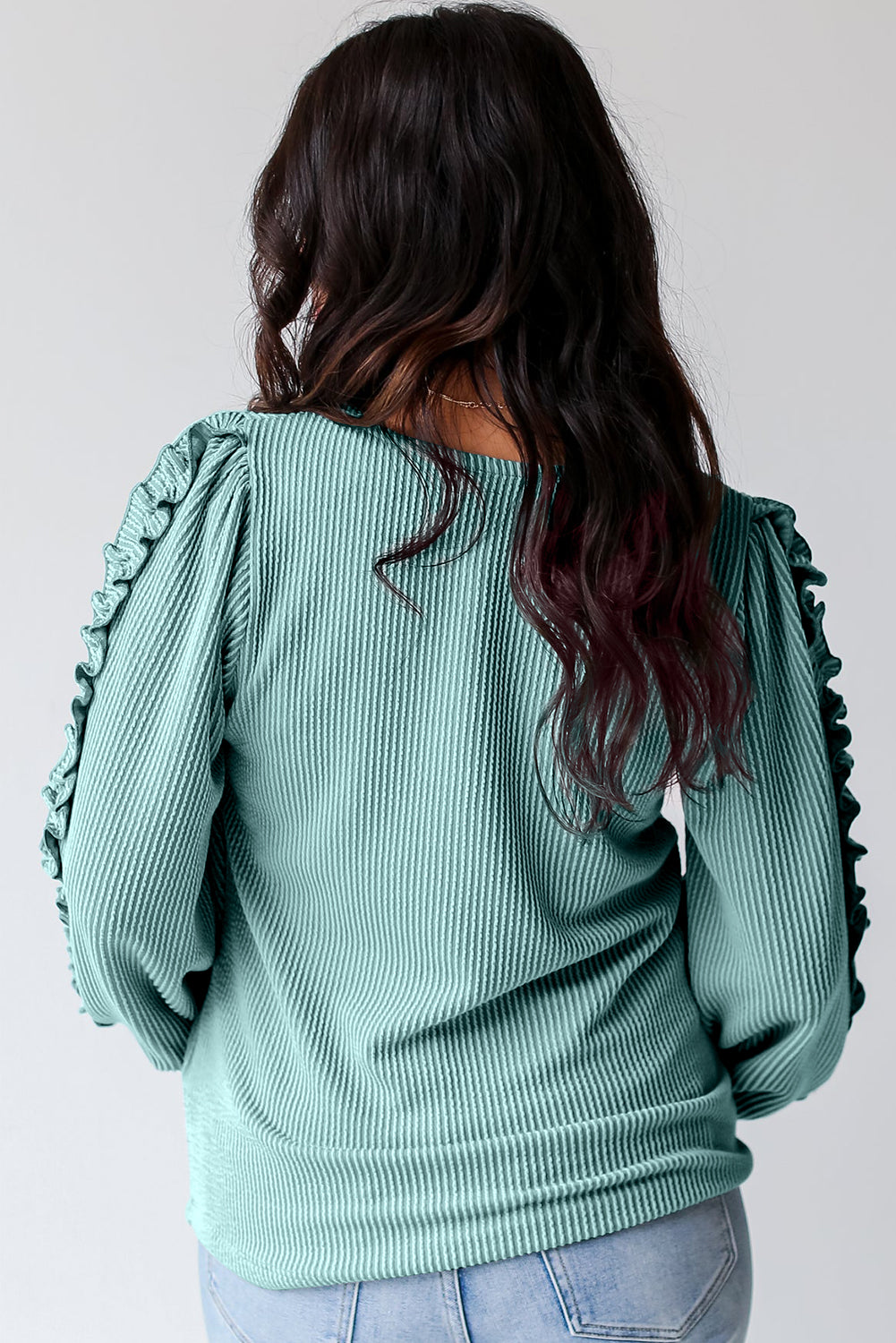 Teksturirana bluza z vrvicami z naborkanimi rokavi Moonlight Jade