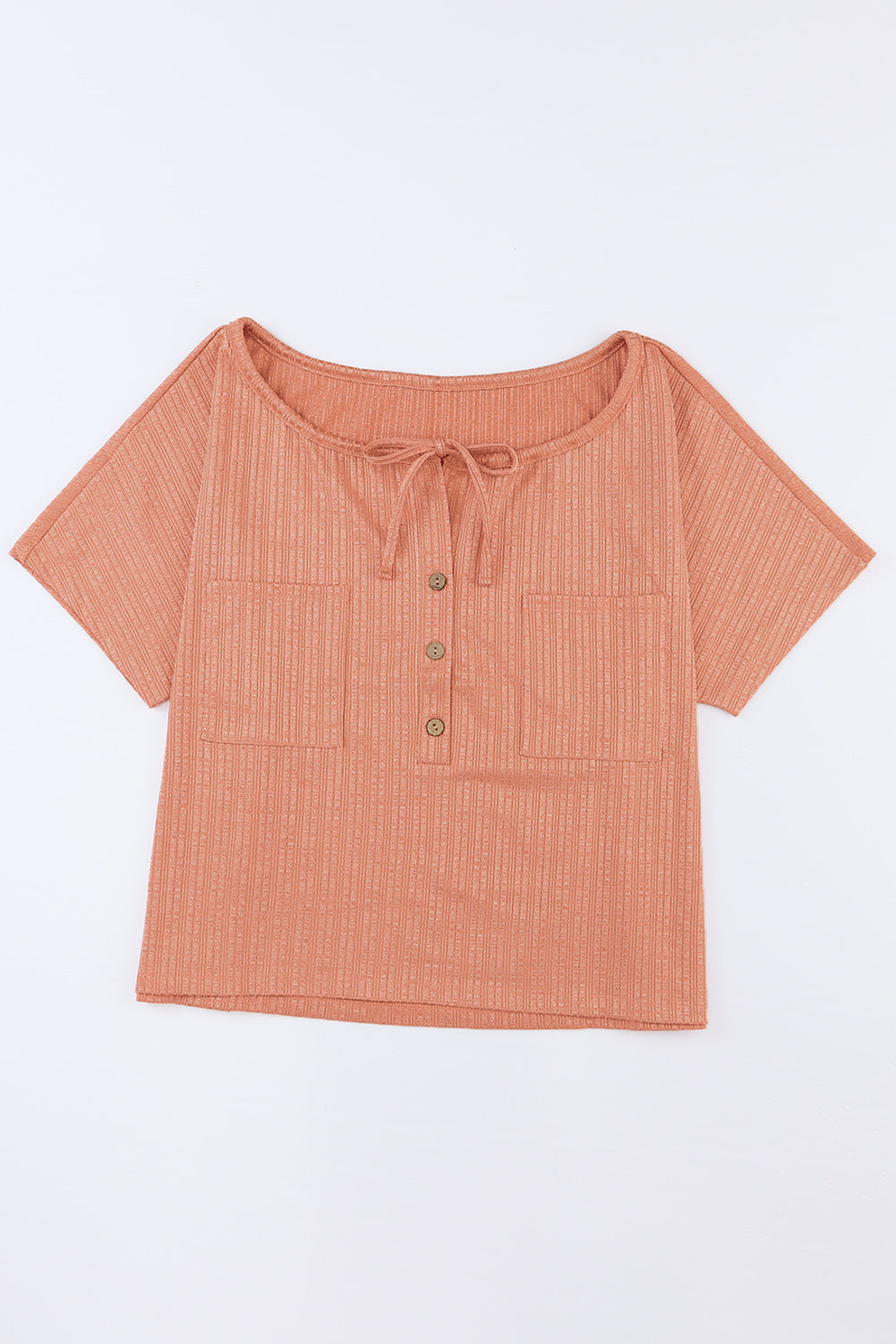 Orange Notched V Neck Buttoned Front Textured Loose Top