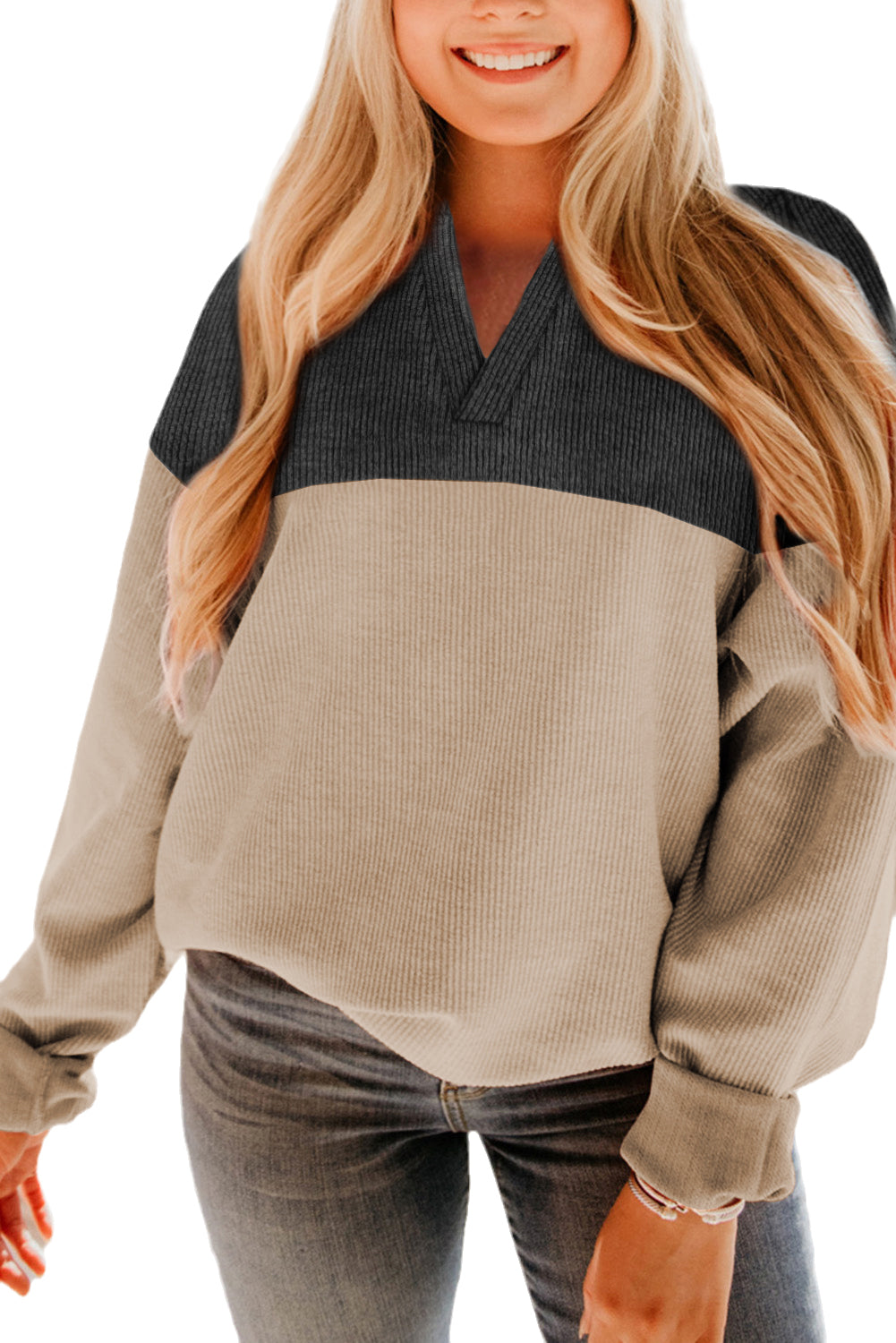 Karbongraues Cord-Sweatshirt mit gekerbtem Ausschnitt und Farbblock