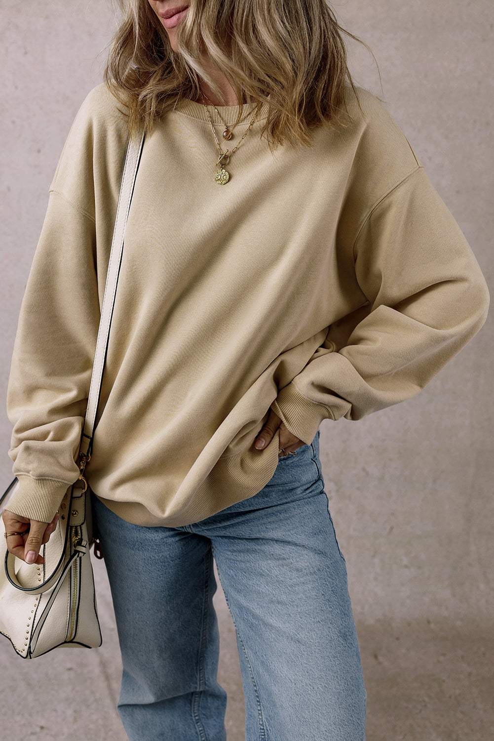 Parchment Solid Lockeres Fleece-Sweatshirt mit Rundhalsausschnitt