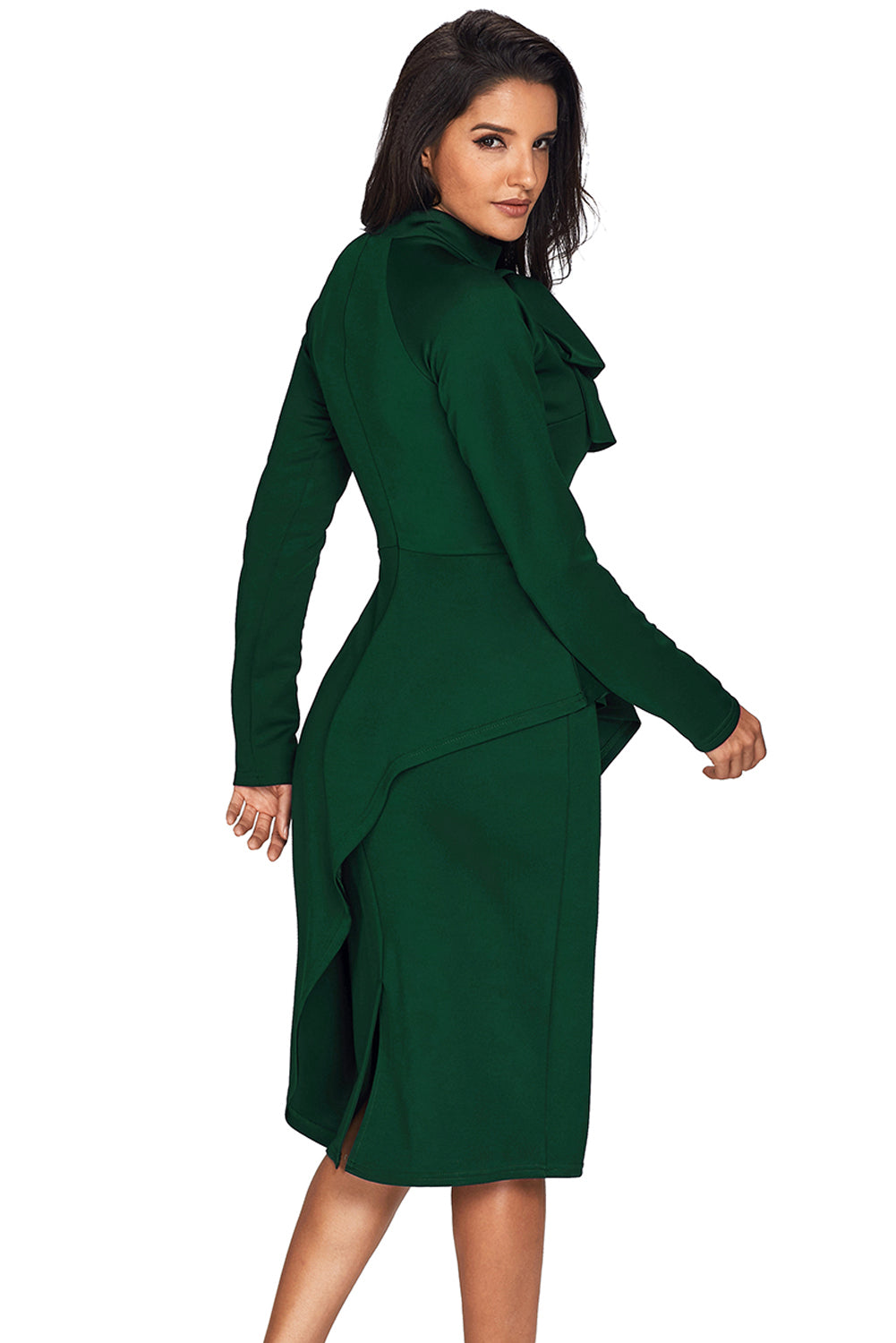 Jade Green Asymmetric Peplum Style Pussy Bow Dress