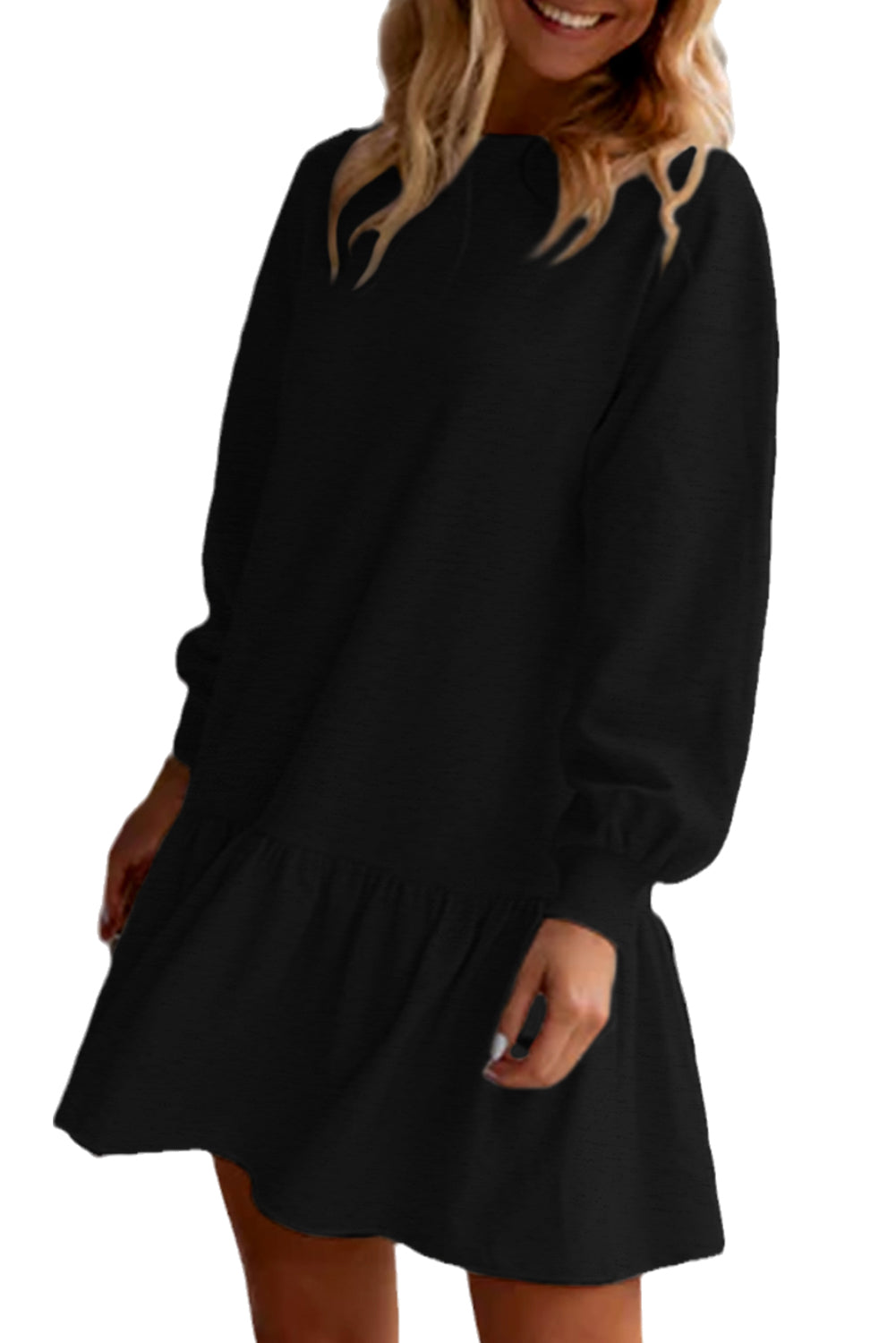 Schwarzes, einfarbiges Minikleid mit Puffärmeln und Rüschensaum