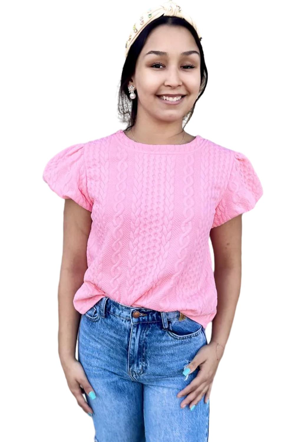 Rožnata teksturirana majica s puf rokavi