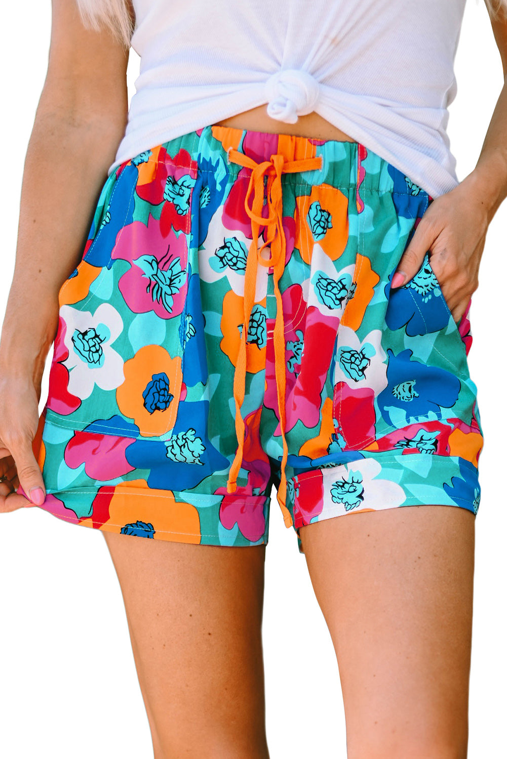 Pantaloncini casual in vita elastica con coulisse con stampa floreale multicolore