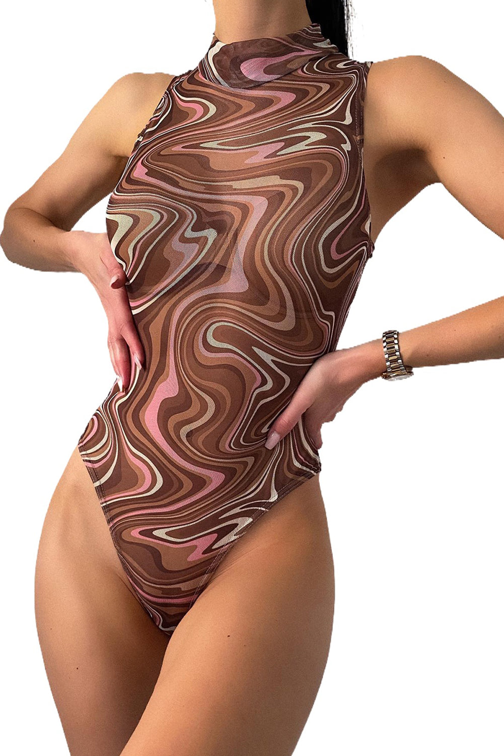 Brown Abstract Swirl High Neck Mesh Sleeveless Bodysuit