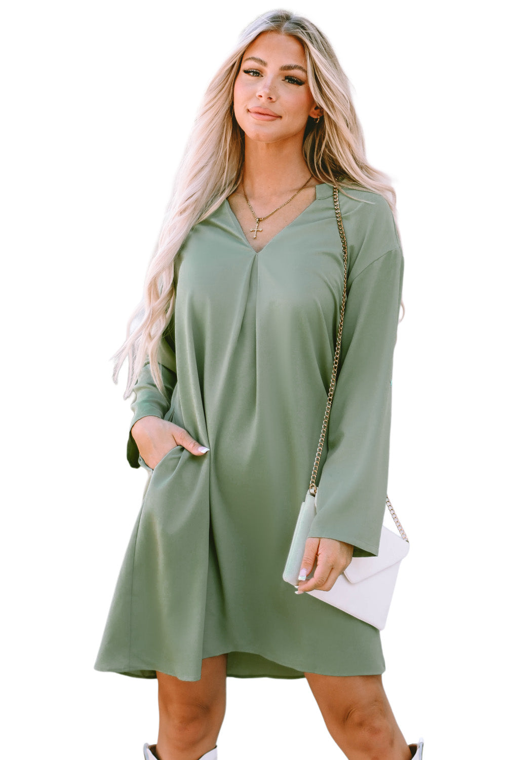 Green Roll-tab Sleeve Flowy Casual Dress