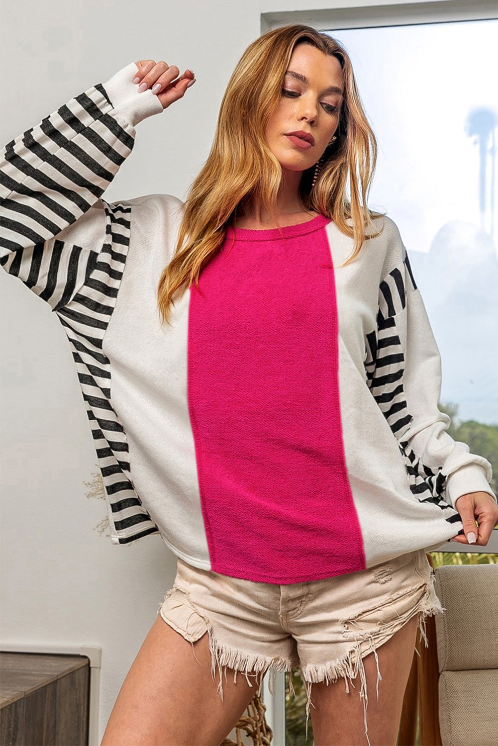 Rose Colorblock Exposed Seam Striped Long Sleeve Top