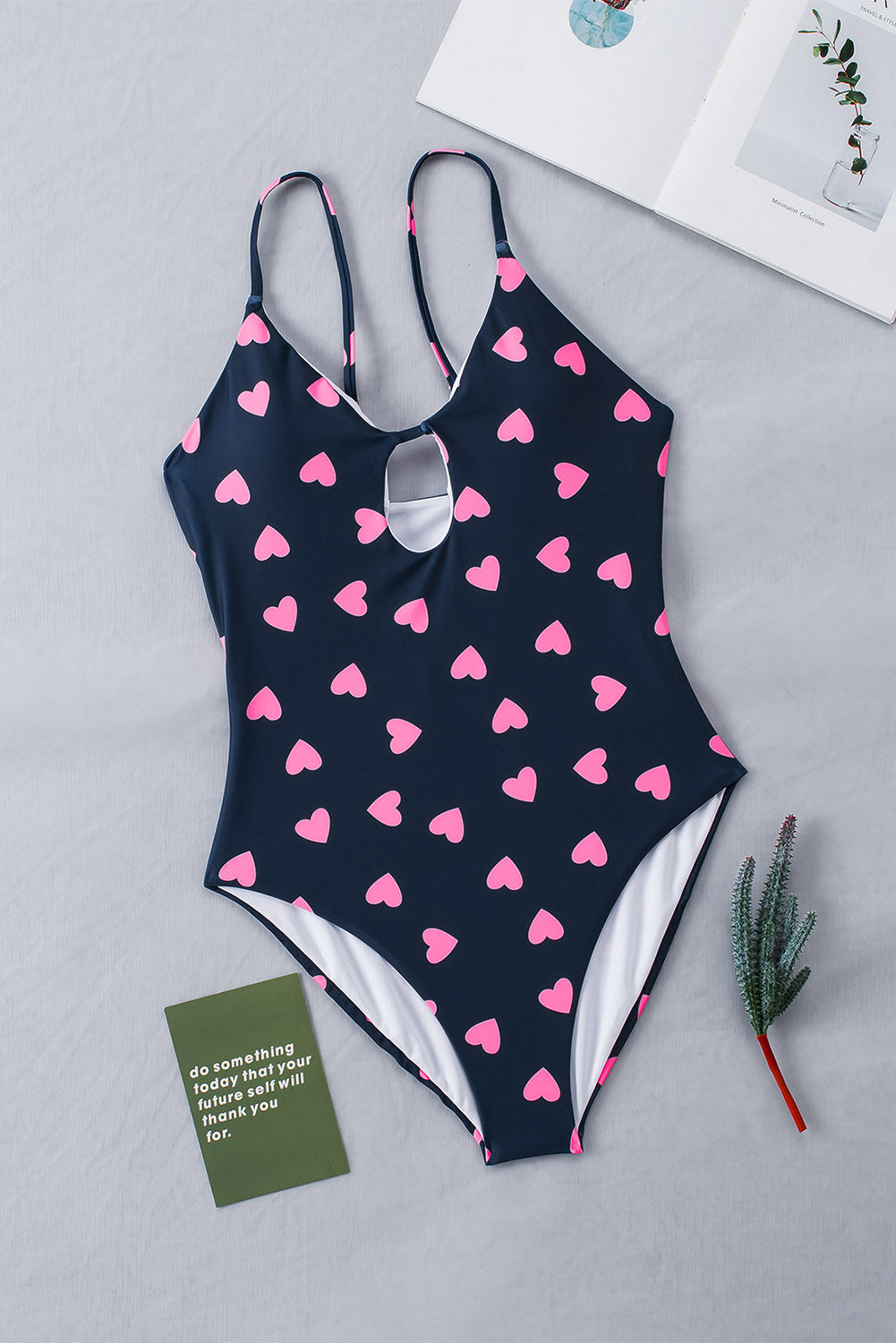 Black Sweet Heart Print Cut out Backless One-piece Swimwear