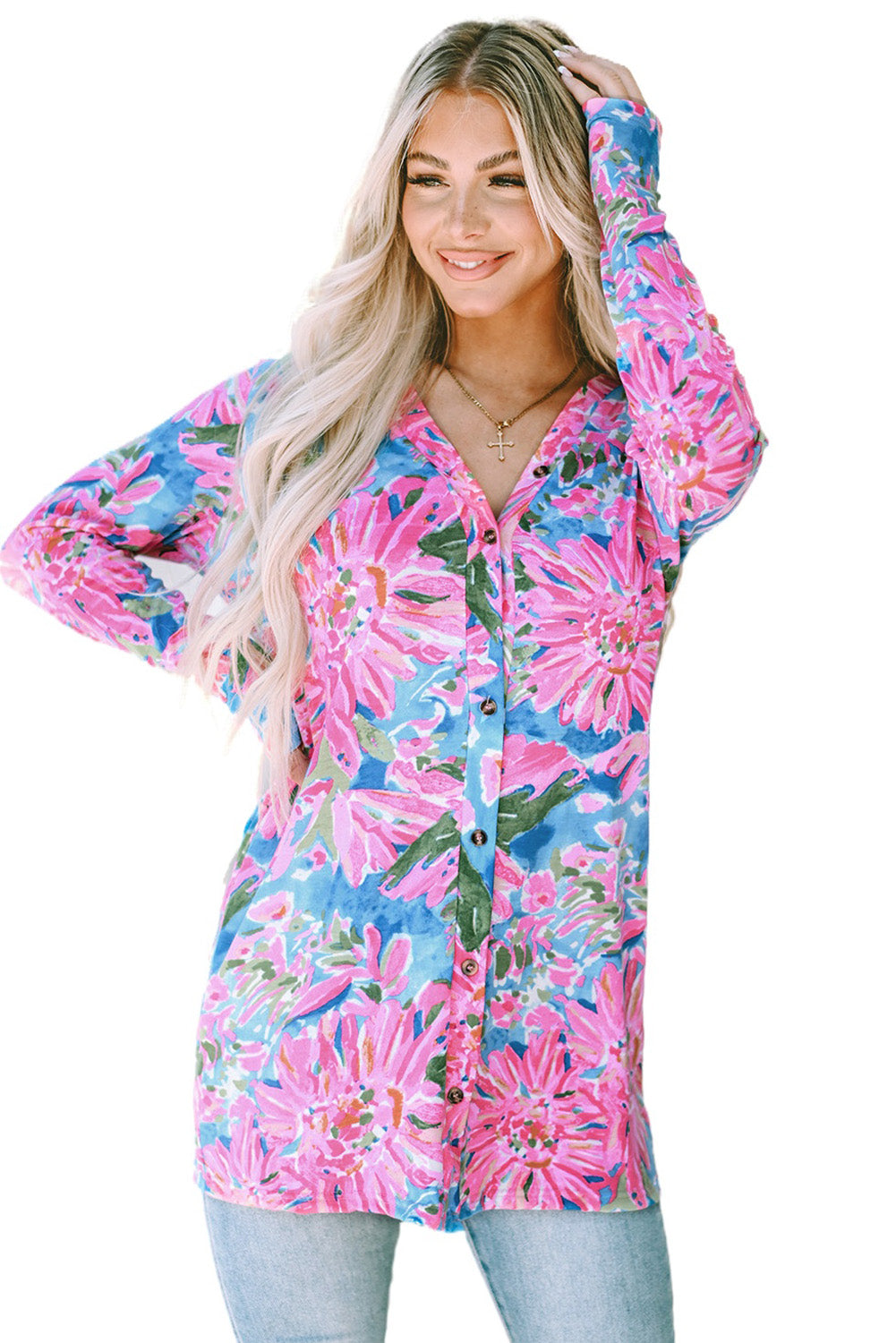 Pink Flower Print Long Sleeve Button Up Cardigan