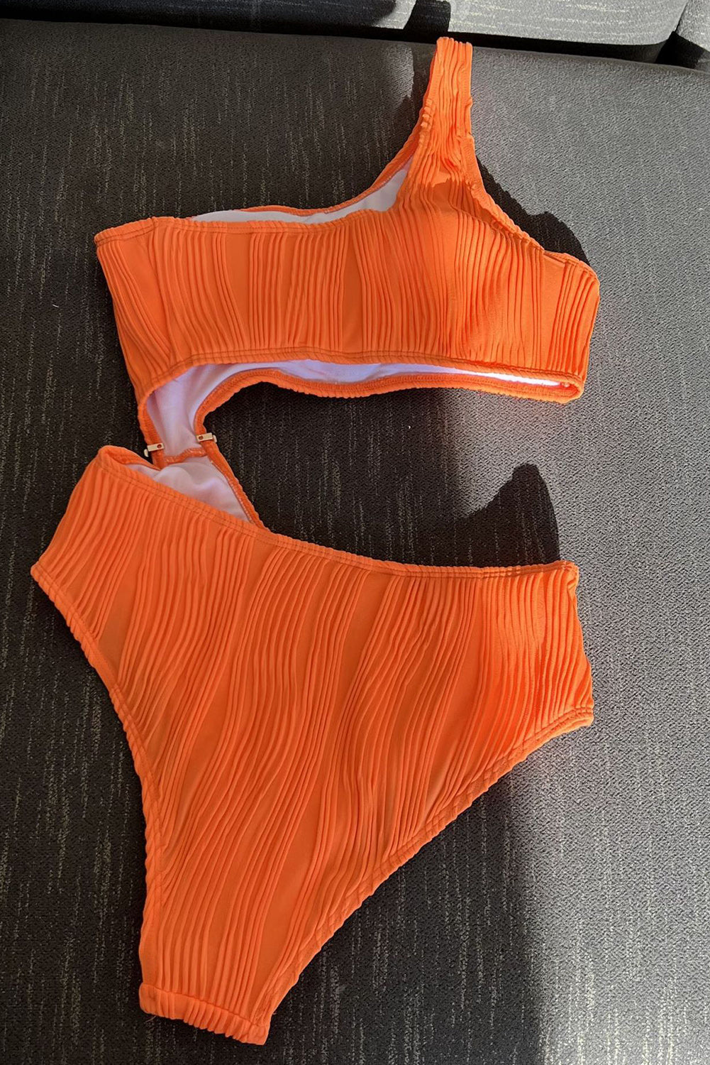Orange Wavy Textured Cut Out One Shoulder Monokini