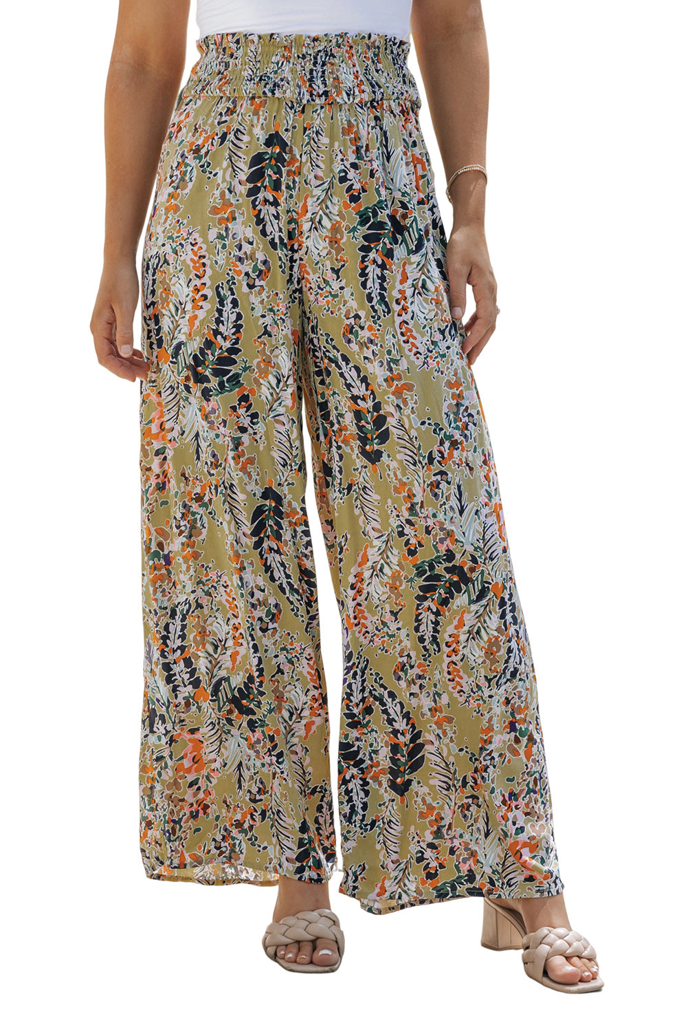 Pantalon décontracté à jambe large et taille haute froncé à imprimé floral multicolore