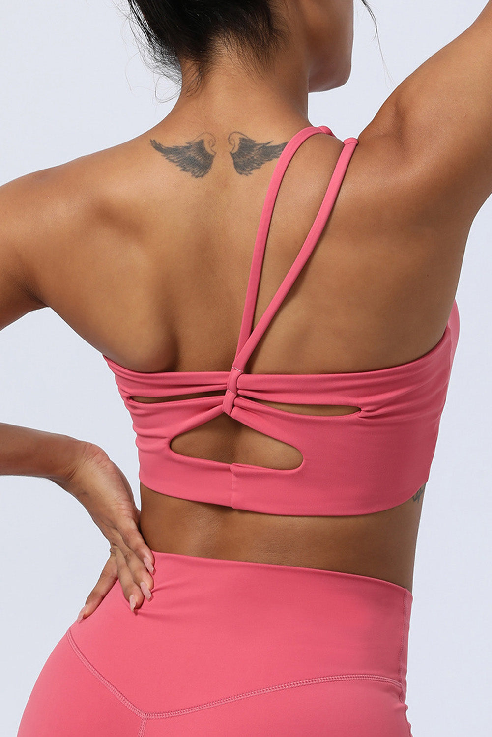 Strawberry Pink Dual Straps Cutout One Shoulder Workout Bra