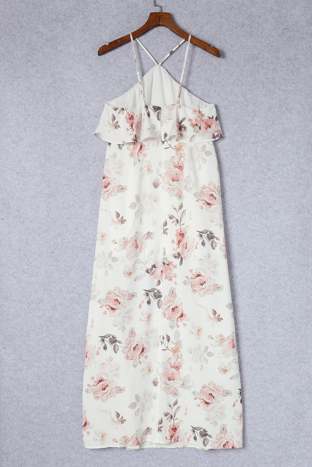 Bijela maxi haljina s cvjetnim prorezima i naborima