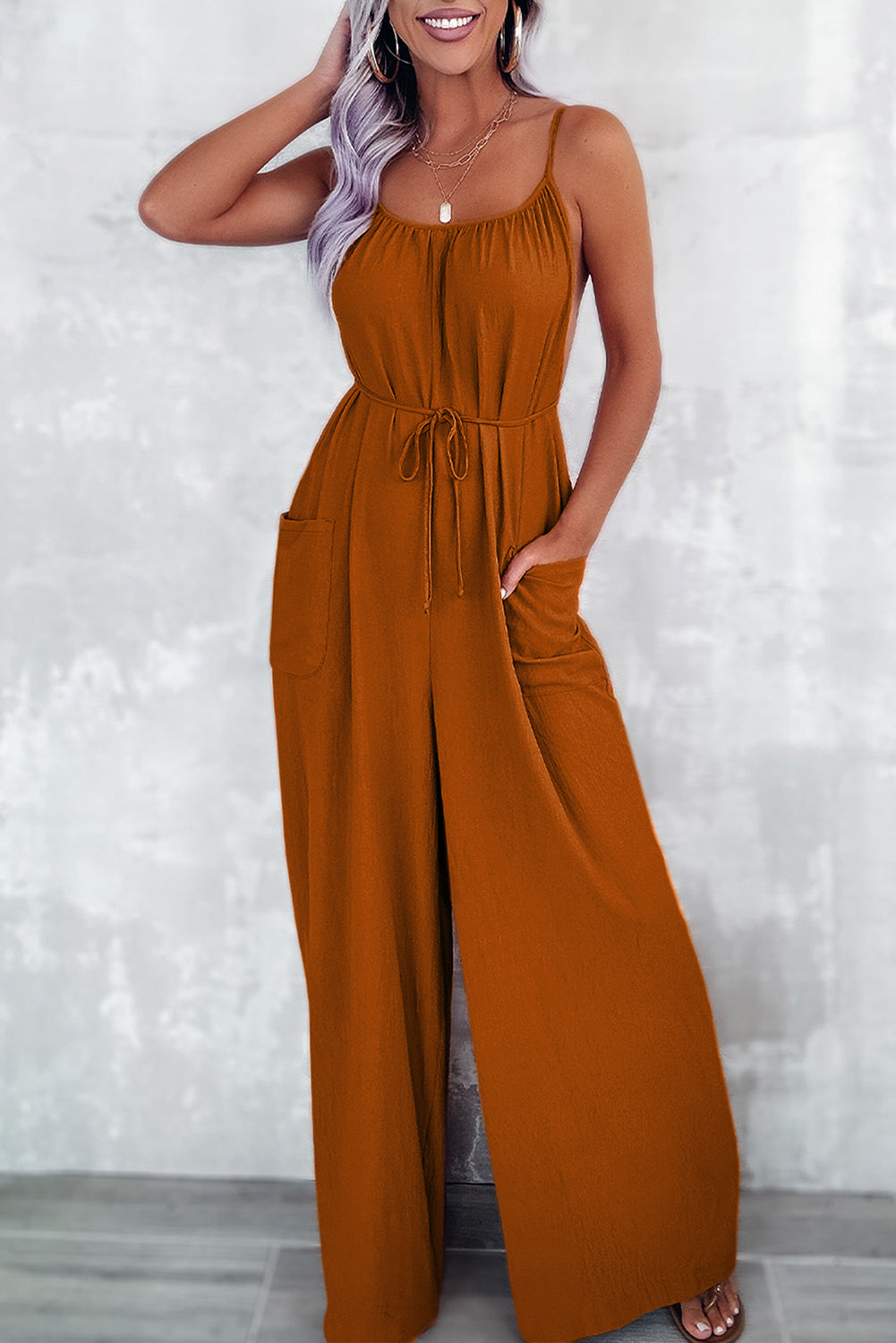 Chestnut Spaghetti Straps Waist Tie Wide Leg Jumpsuit with Pockets