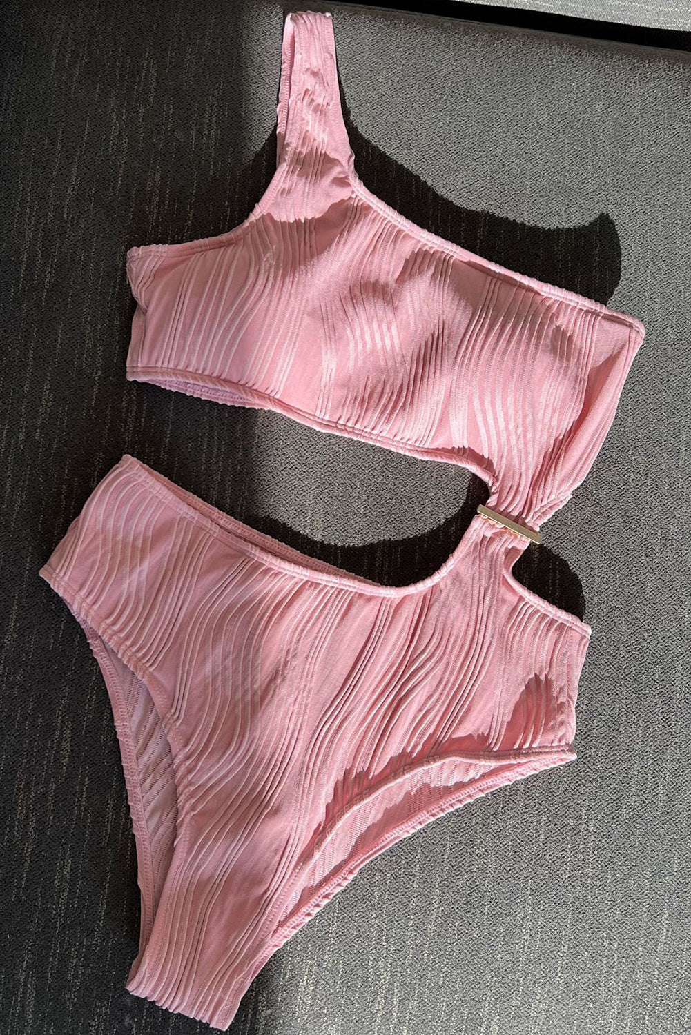 Pink Wavy Textured Cut Out One Shoulder Monokini