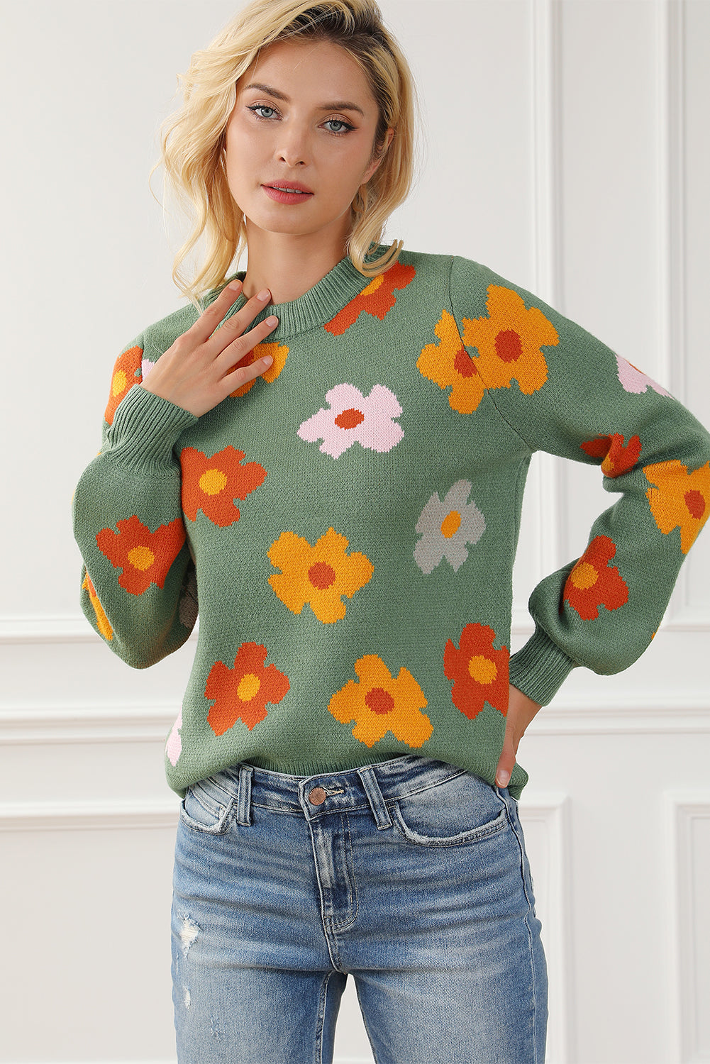 Pleten pulover z rebrastim robom Green Sweet Flower