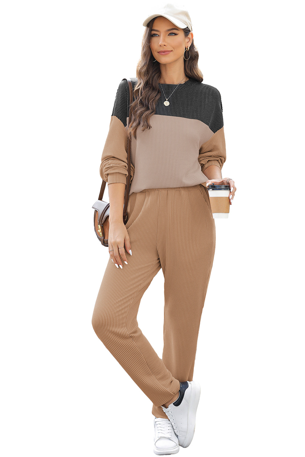 Khaki Corded 2pcs Colorblock Pullover and Pants Outfit