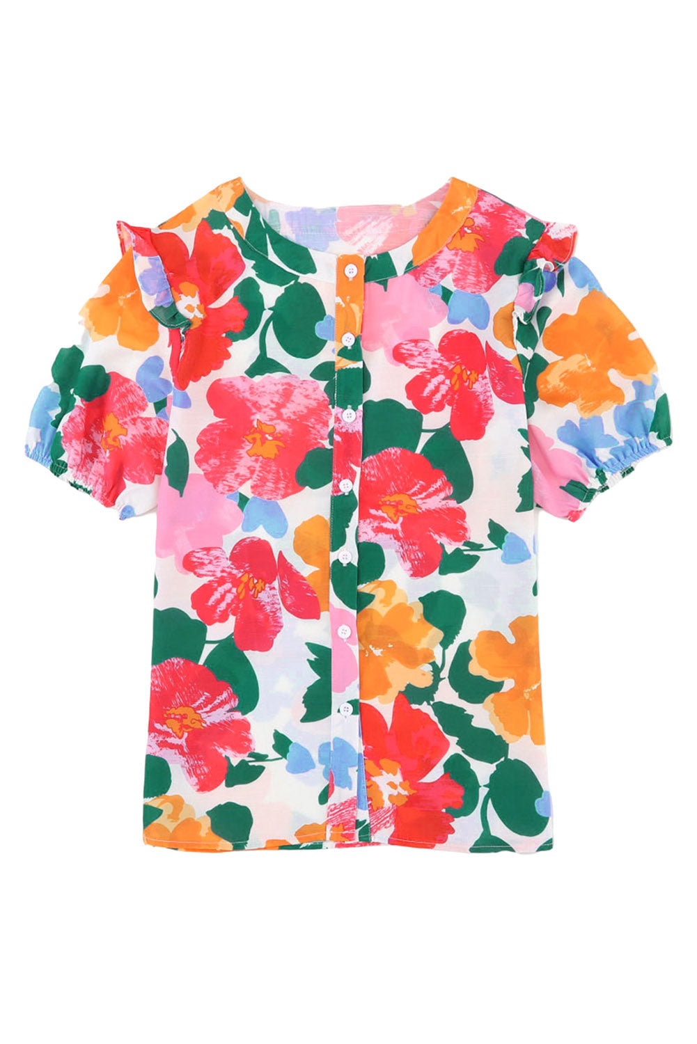 Camicia con maniche a sbuffo con stampa floreale multicolore
