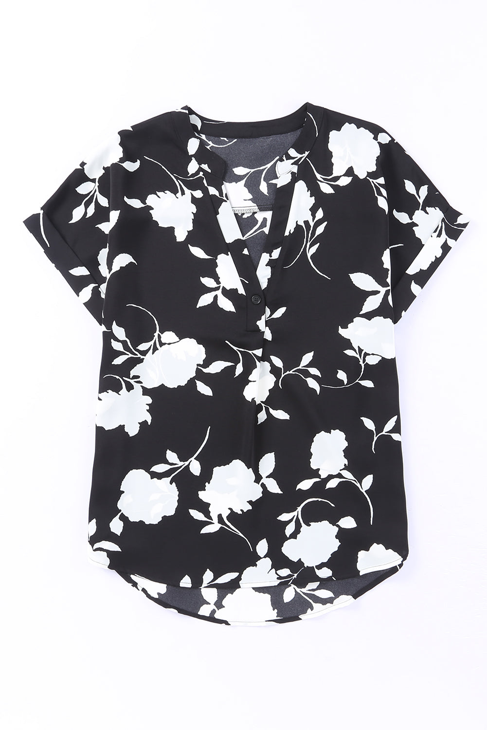 Črna bluza s kratkimi rokavi s cvetličnim potiskom