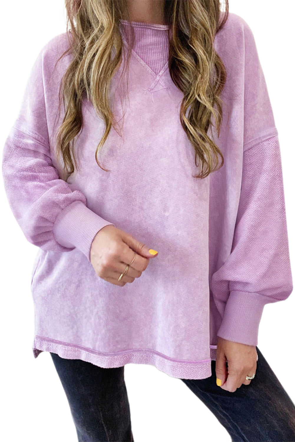 Felpa pullover con spalla abbassata lavaggio minerale rosa fragola