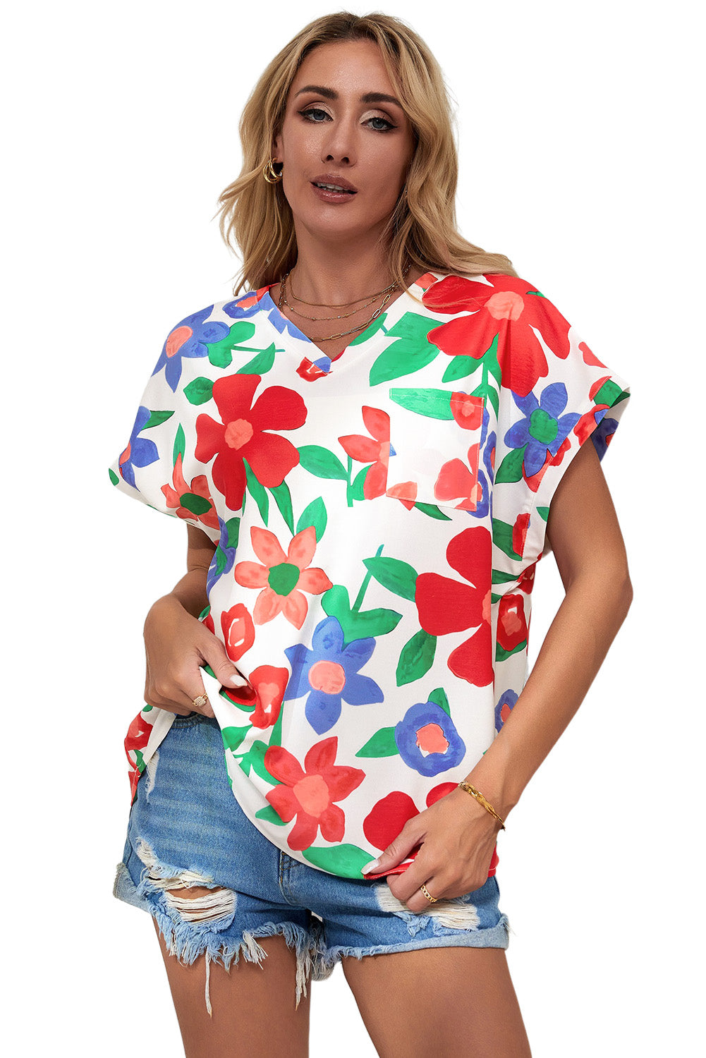 Bluza z v-izrezom na prsnem žepu s cvetličnim vzorcem