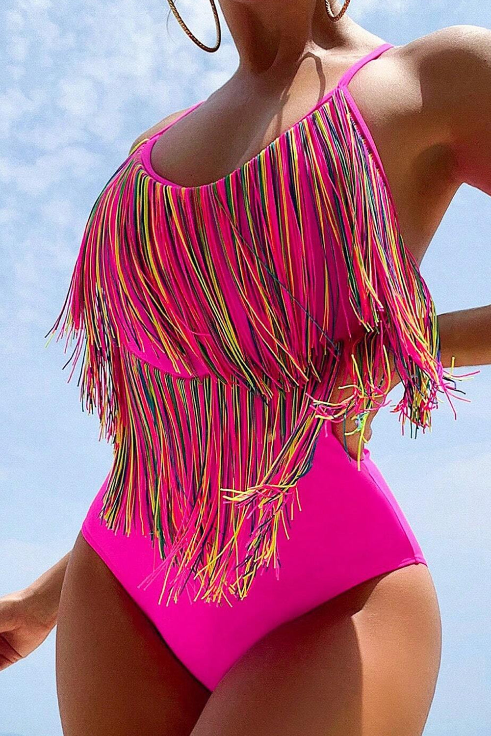 Rose Red Colorful Tassel Hollow-out Spaghetti Strap One Piece Swimsuit