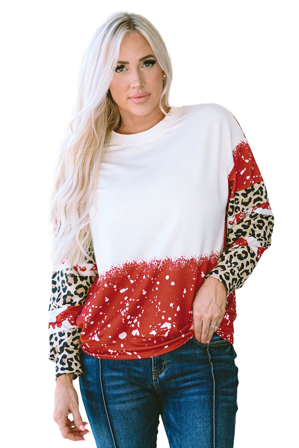 Top a maniche lunghe leopardato tie-dye rosso fuoco