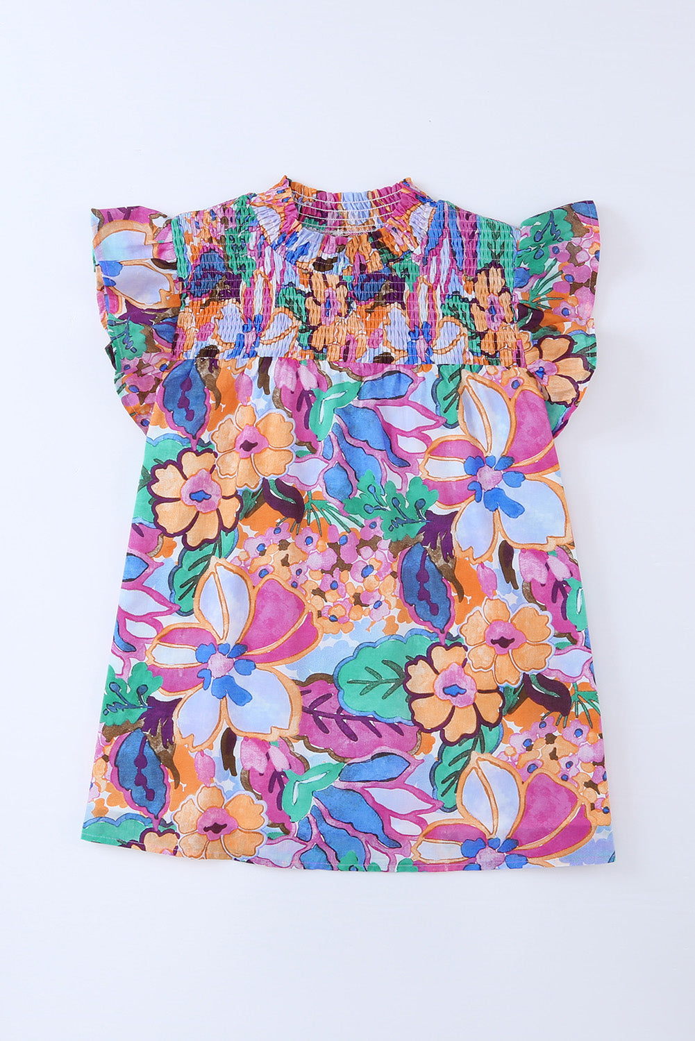 Mehrfarbige Bluse mit gesmoktem Halsausschnitt und Flatterärmeln mit Blumenmuster