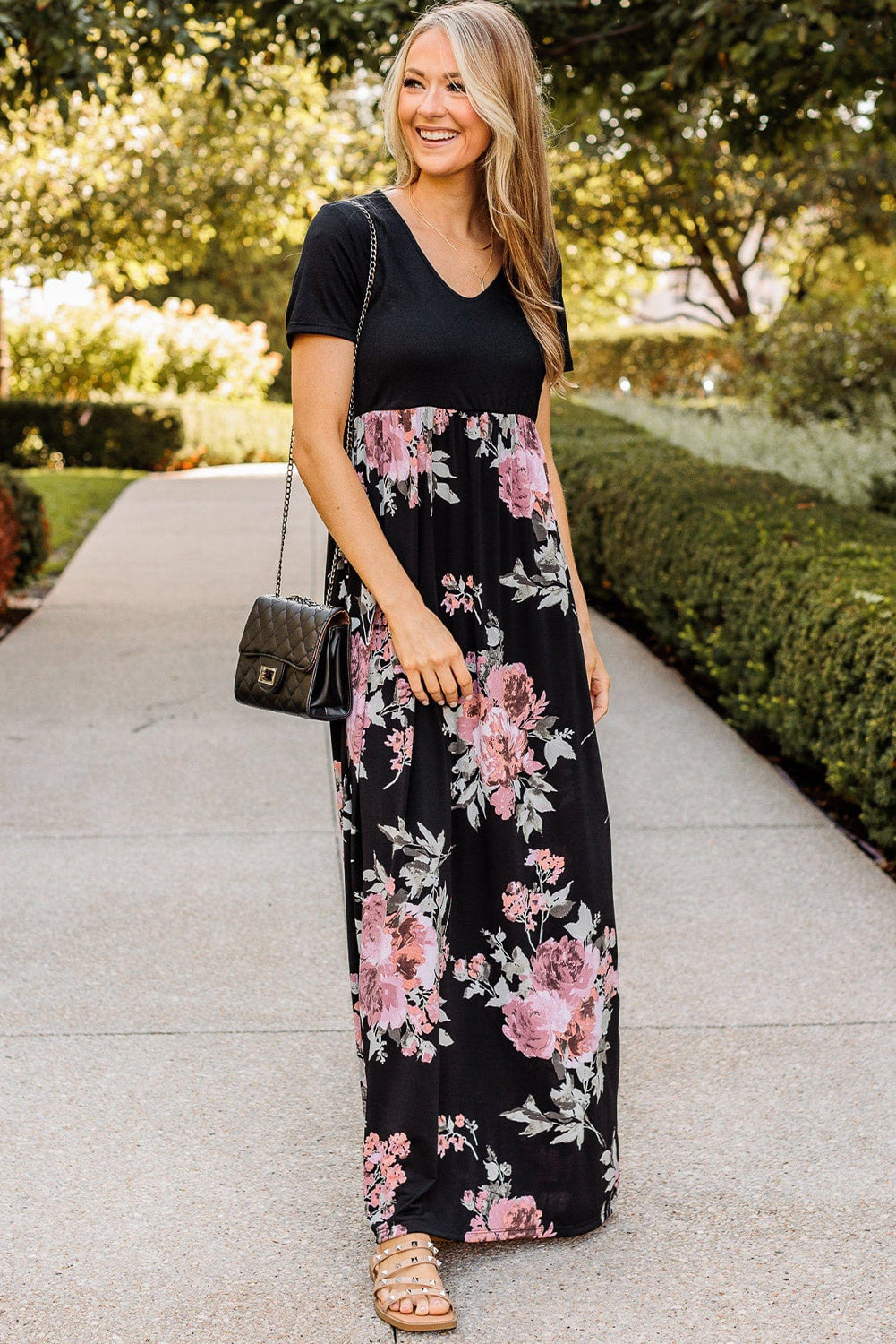 Crna Maxi haljina s cvjetnim carstvom do struka s kontrastom