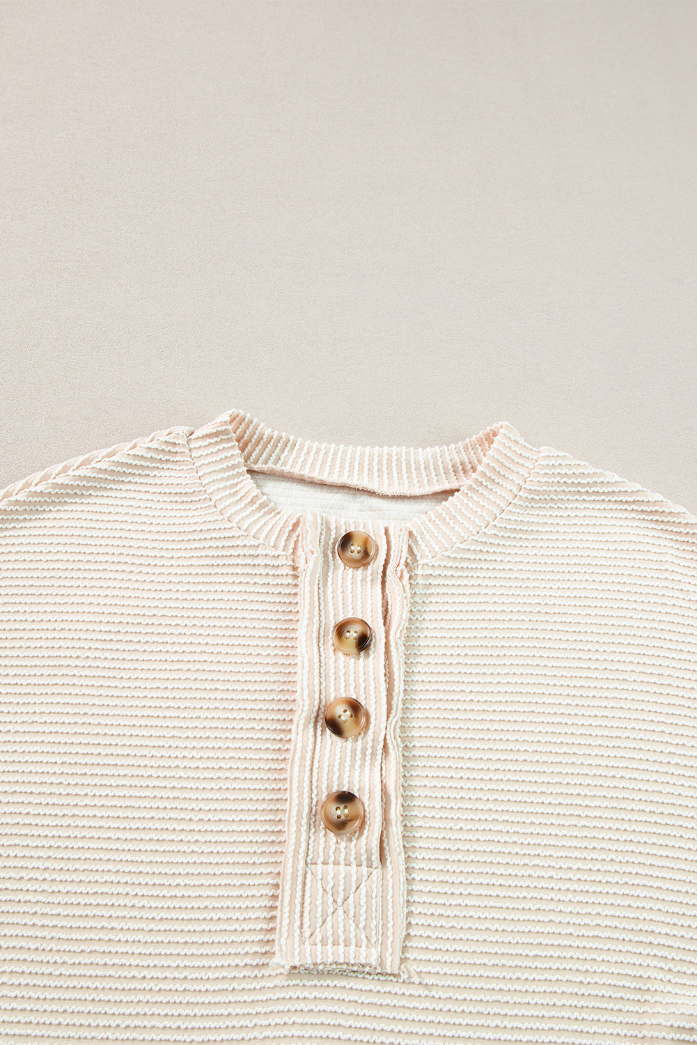 Apricot Corded Texture Lantern Sleeve Buttons Henley Sweatshirt