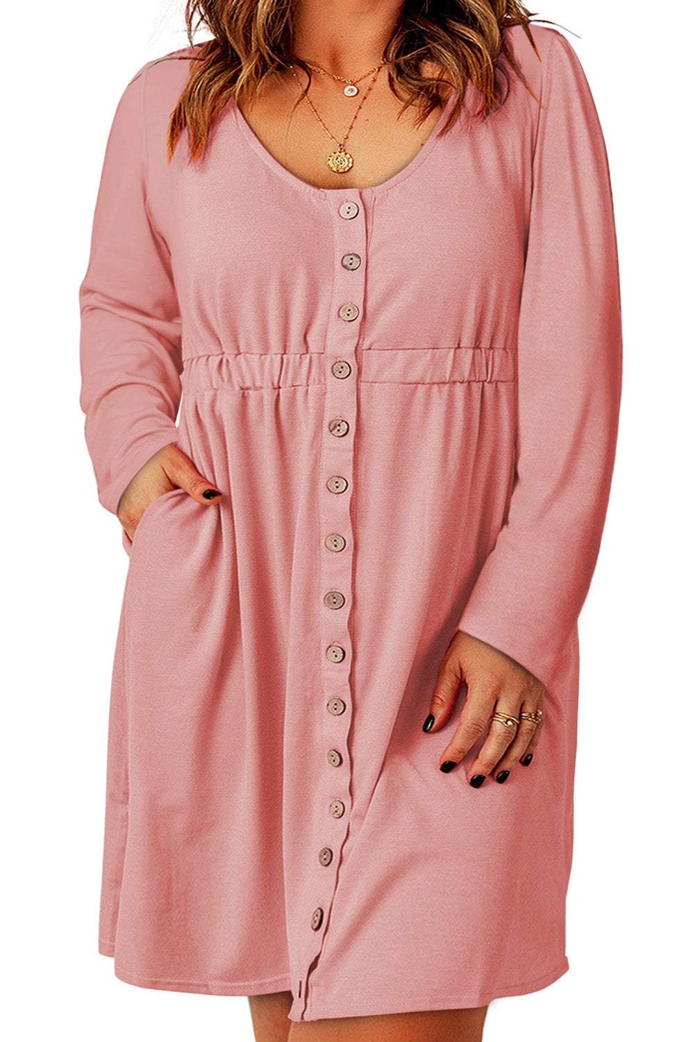 Rožnata enobarvna obleka z dolgimi rokavi na sprednji strani velike velikosti