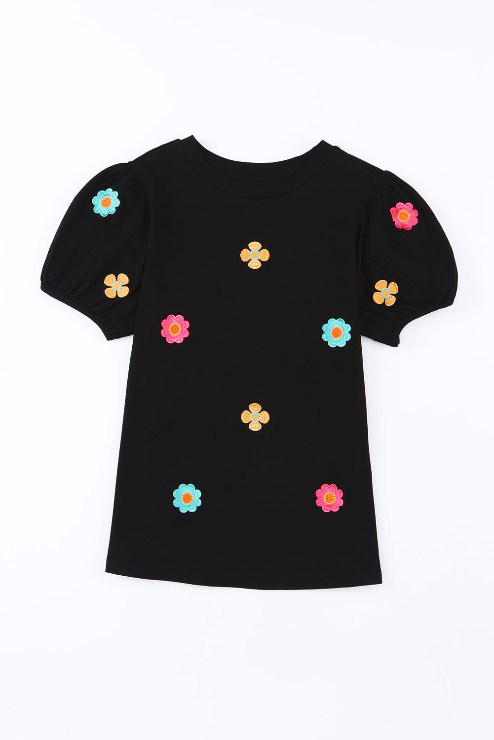 Schwarzes, besticktes Blumen-T-Shirt mit kurzen Puffärmeln