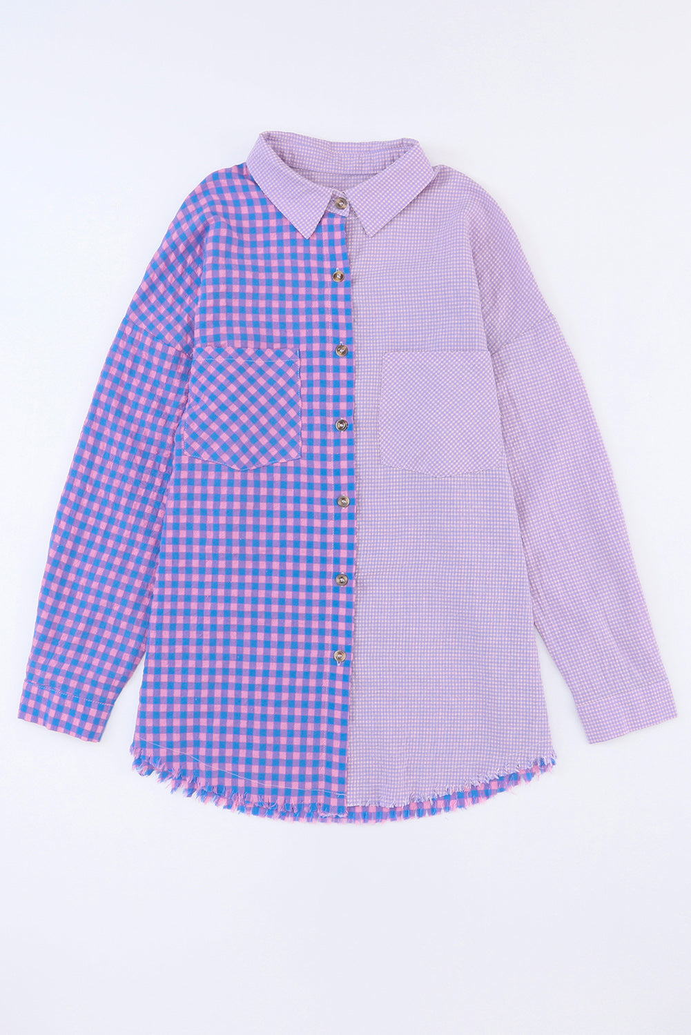 Chemise violette boutonnée à carreaux mélangés à manches longues et poche poitrine