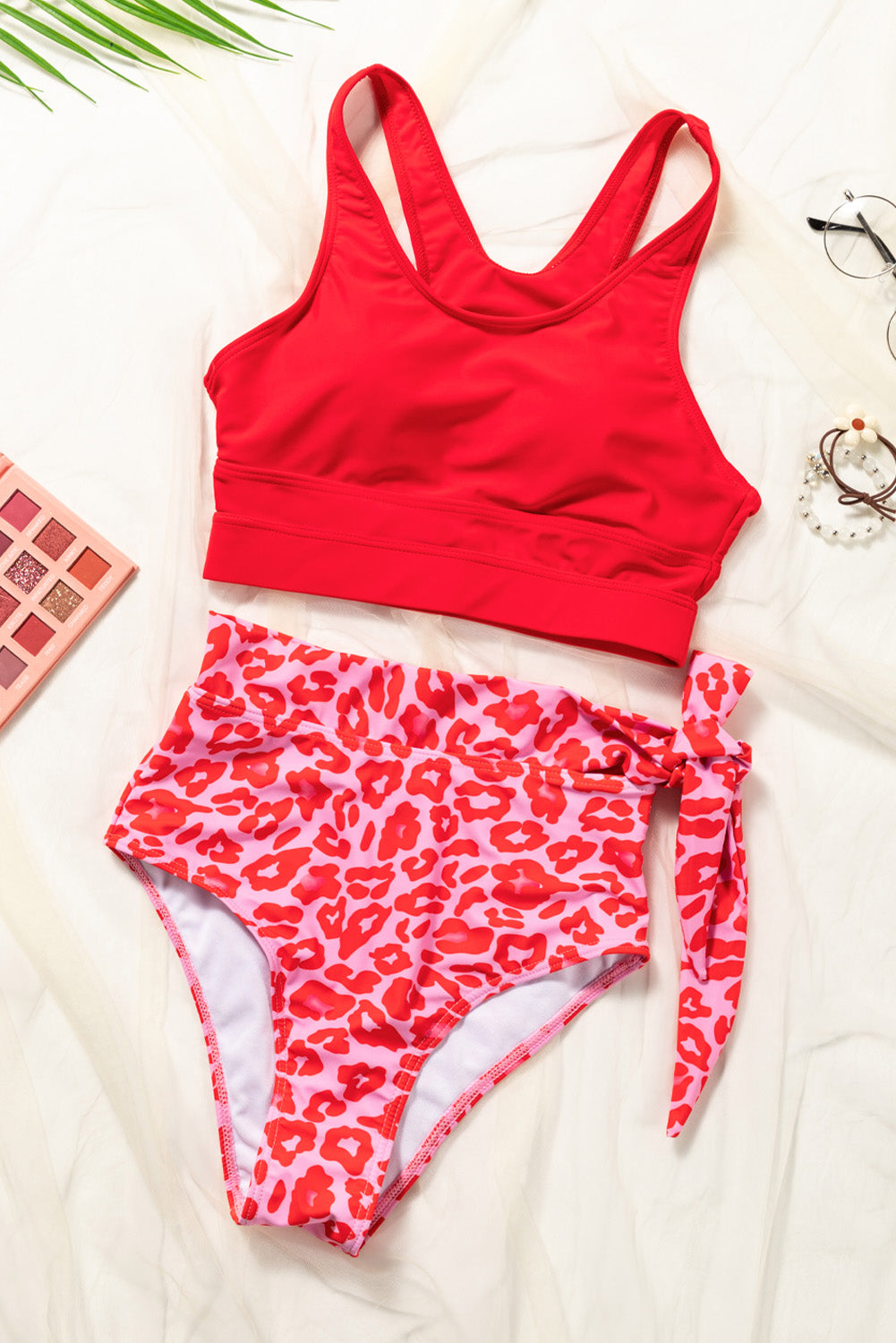 Ensemble de bikini à lacets taille haute imprimé floral bleu ciel rouge ardent
