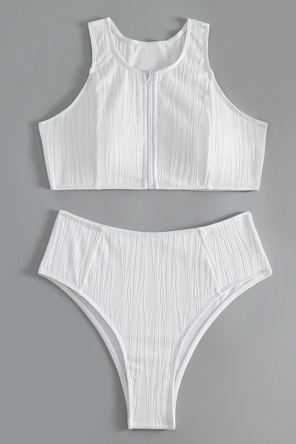 Haut de maillot de bain blanc texturé à fermeture éclair et dos nageur, bikini taille haute