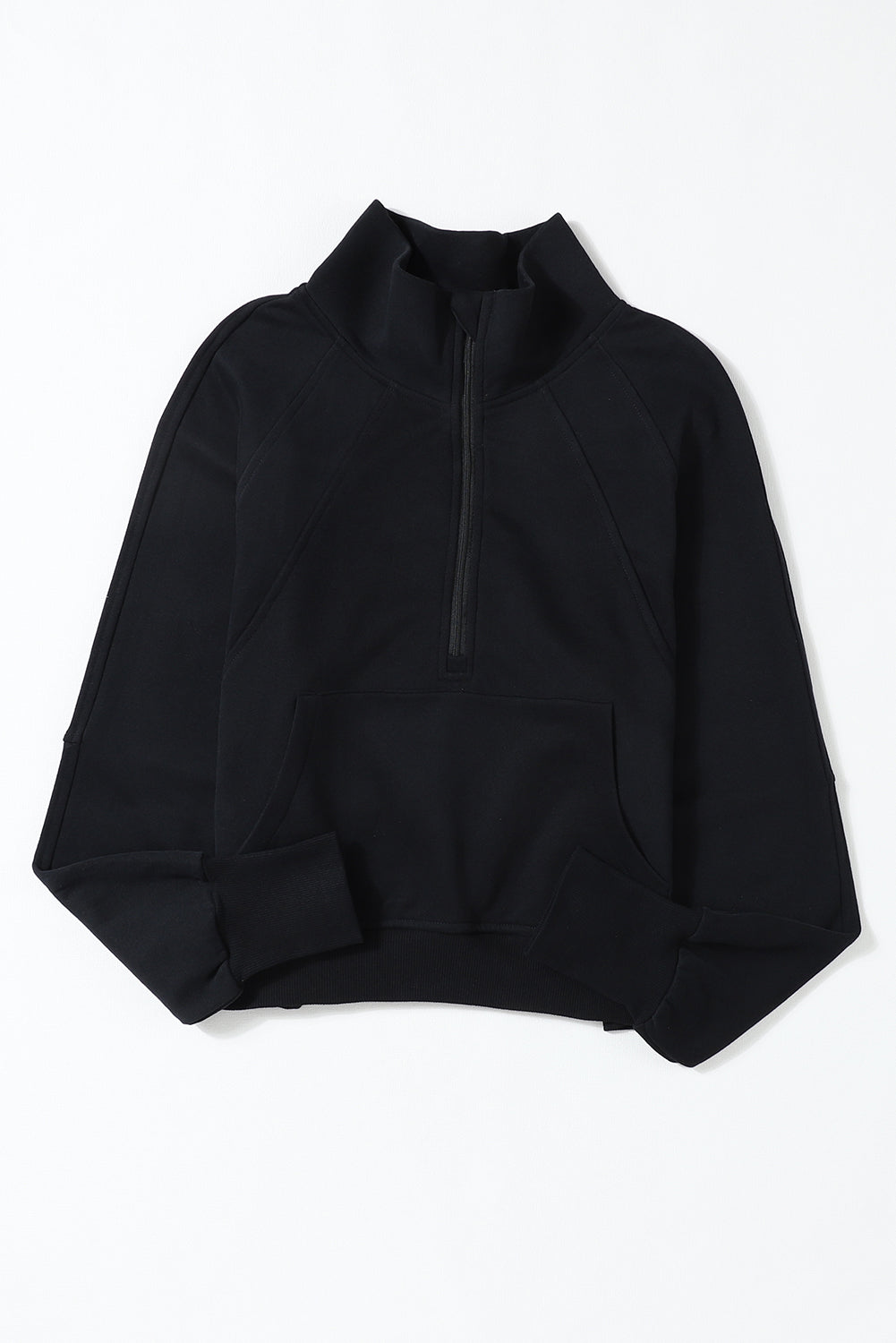 Schwarzes Sweatshirt mit Stehkragen und gerippten Daumenlöchern und Reißverschluss
