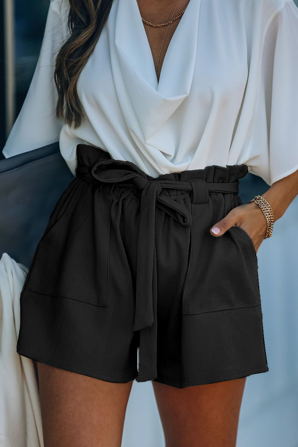 Crne pletene kratke hlače s džepovima od mješavine pamuka