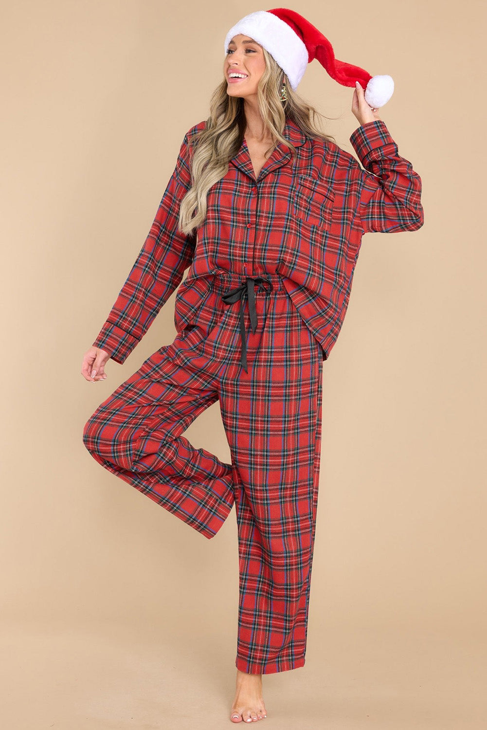 Fiery Red Tartan Plaid Print Long Sleeve Shirt and Pants Pajama Set