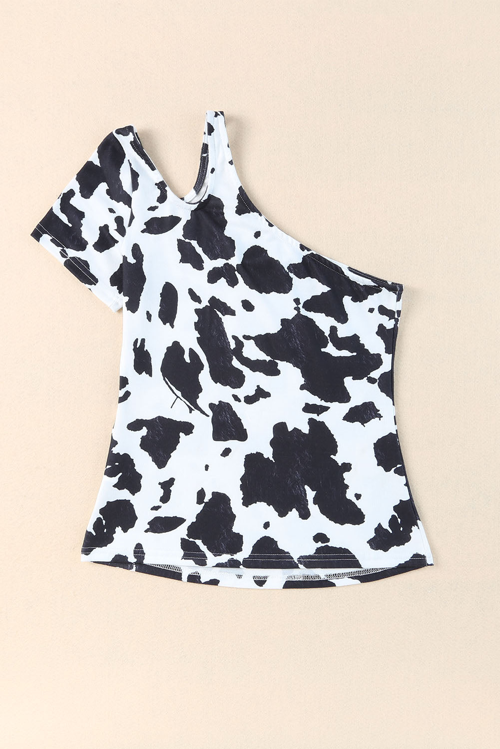 Brown One Shoulder Cow Print Cut out Short Sleeve Top
