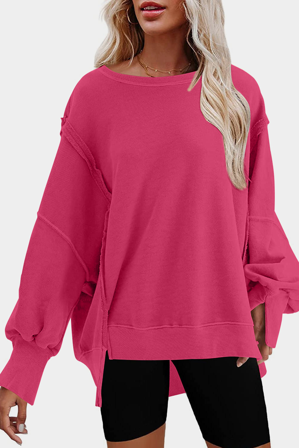 Sweatshirt in Rose mit freiliegender Naht, überschnittener Schulter, Schlitz und hohem, niedrigem Saum