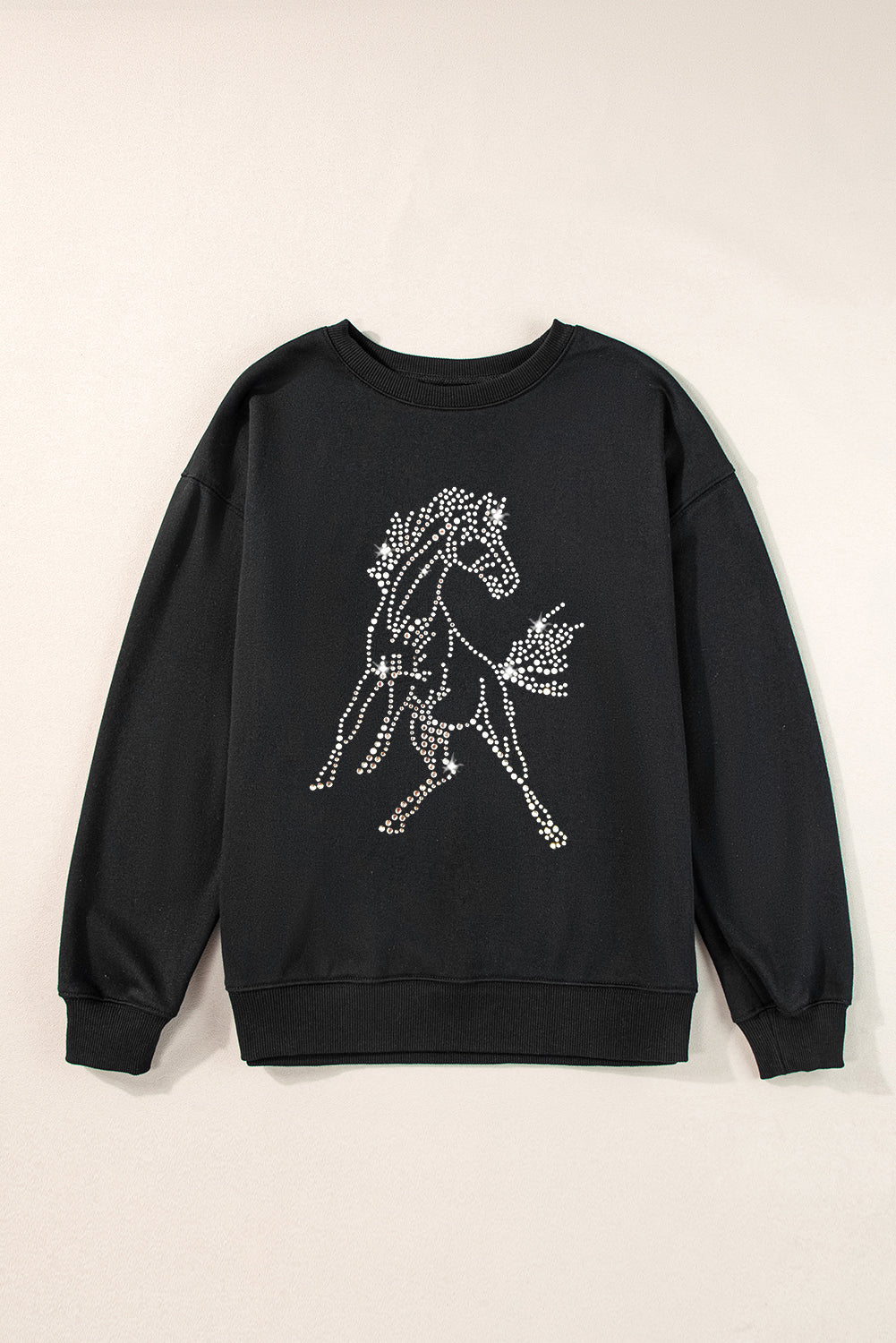 Schwarzes Rundhals-Sweatshirt mit Pferd und Strasssteinen und überschnittener Schulter