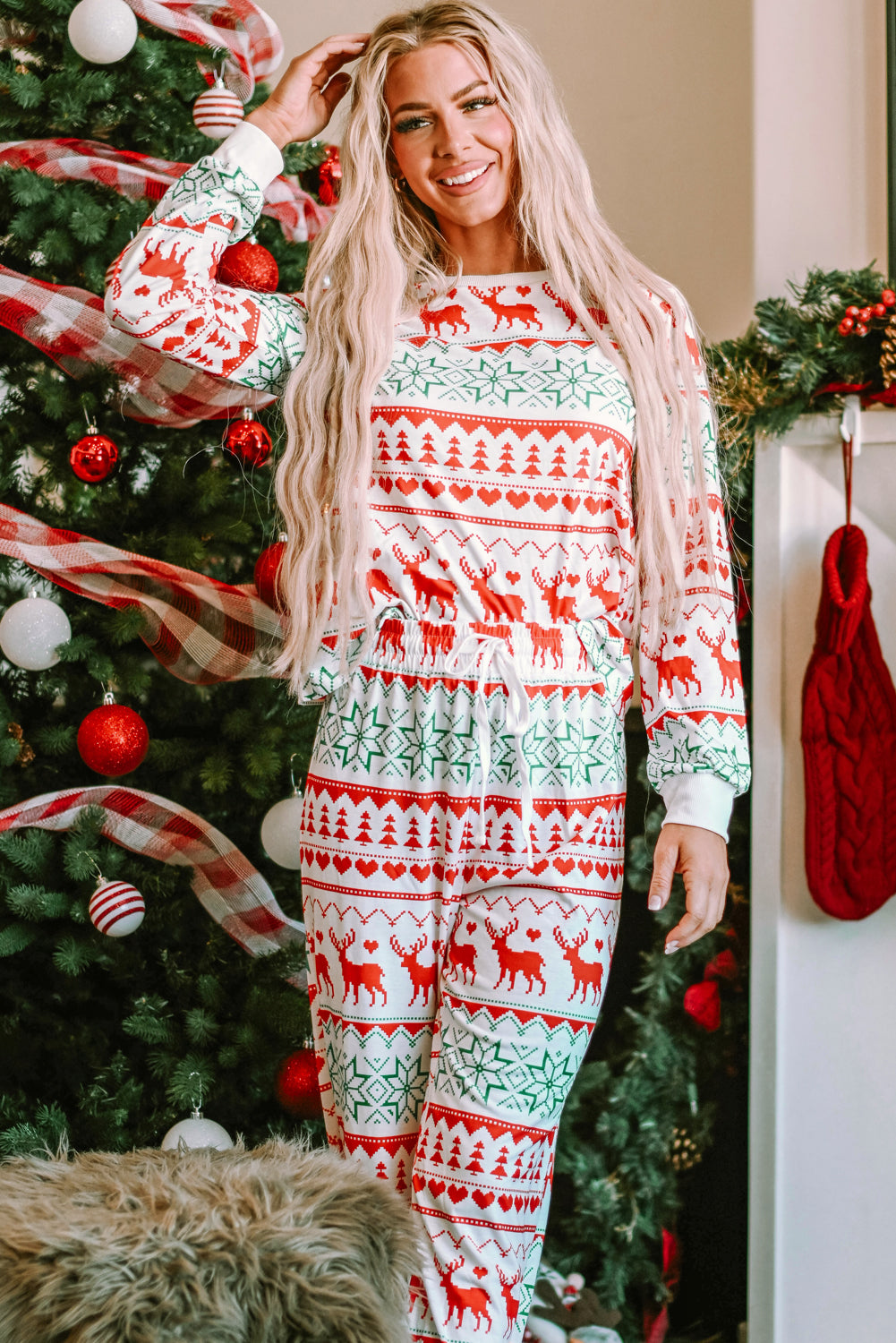 Bright White Christmas Print Pullover and Pants Lounge Set