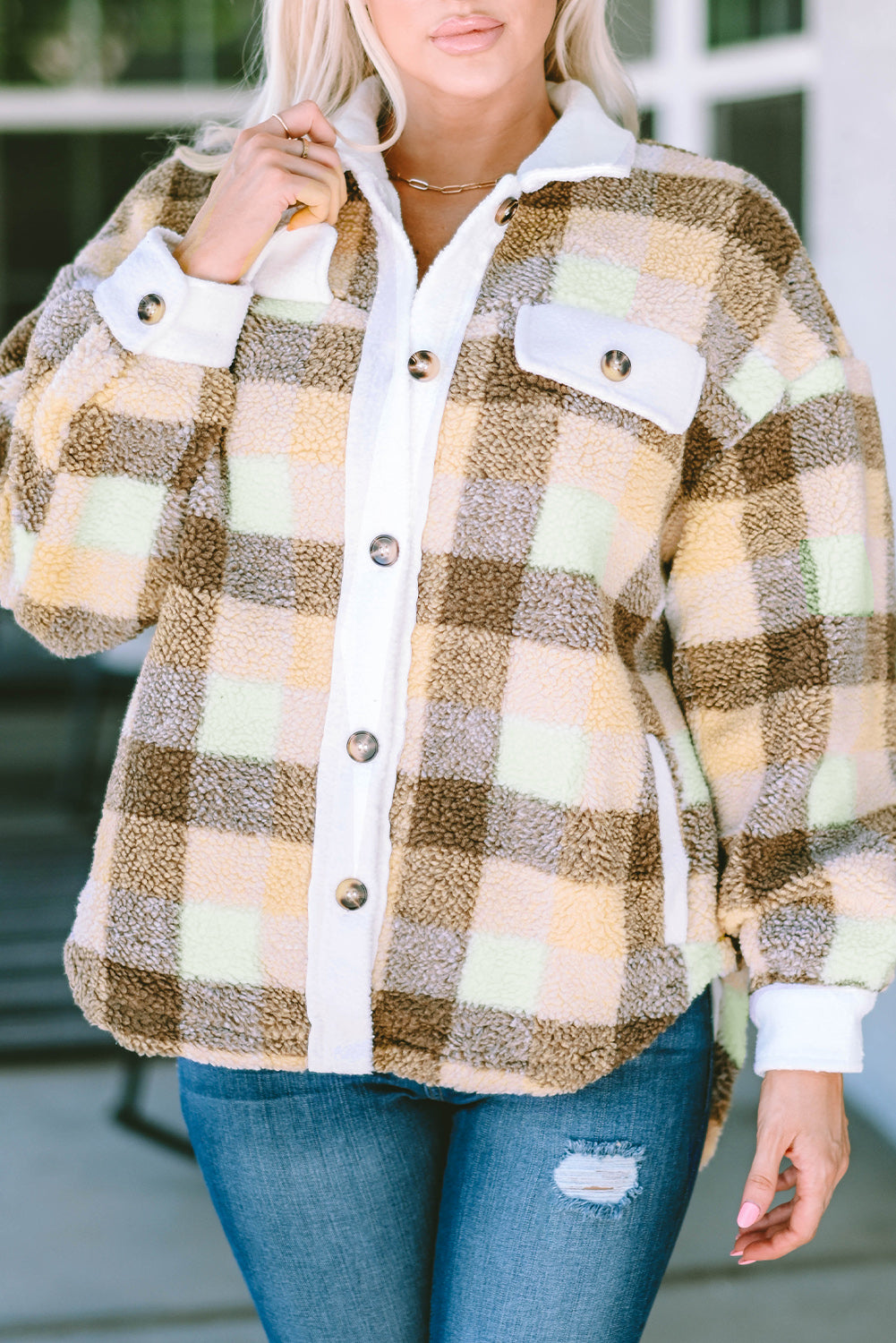 Khaki Plaid Sherpa Flap Pocket Shacket