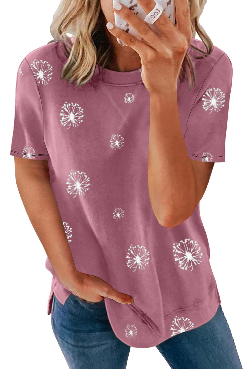 Ružičasta majica s okruglim izrezom s printom maslačka