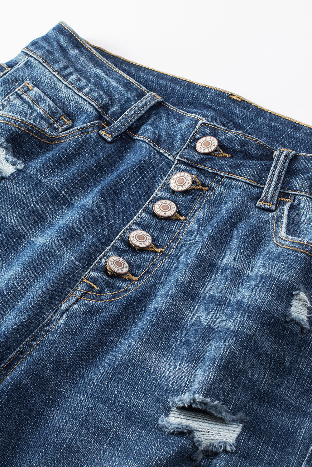 Blaue Skinny-Jeans mit Knopfleiste und hoher Taille im Distressed-Look