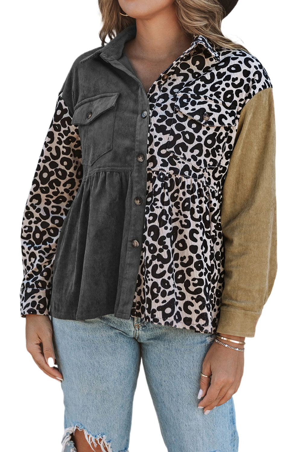Leopard Colorblock Corduroy jakna