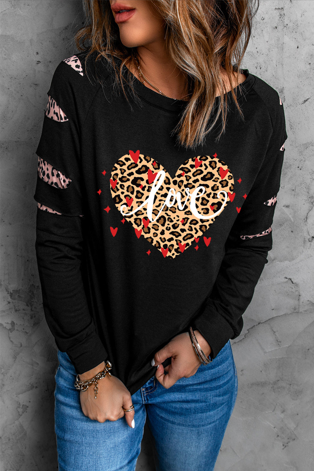 Love Leopard Heart Print Cut-out Long Sleeve Sweatshirt